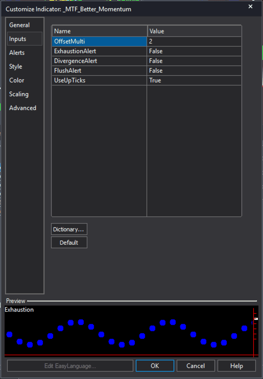screenshot of Better Momentum indicator settings