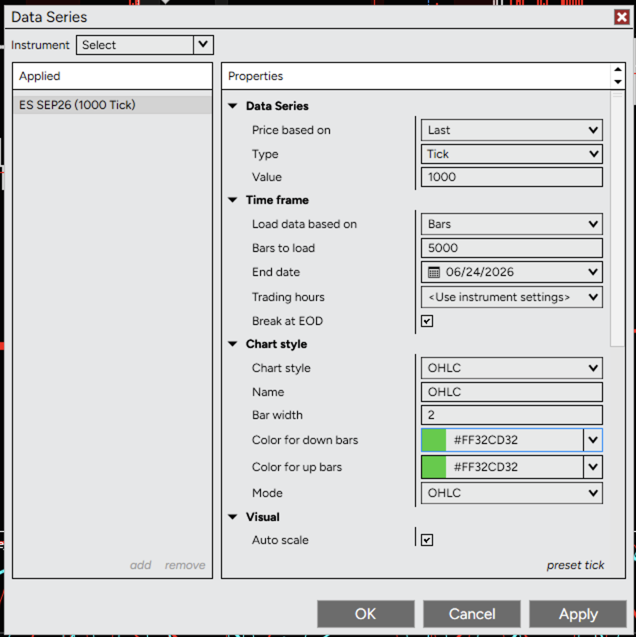 tick chart settings in NinjaTrader highlighting the Bread at EOD setting