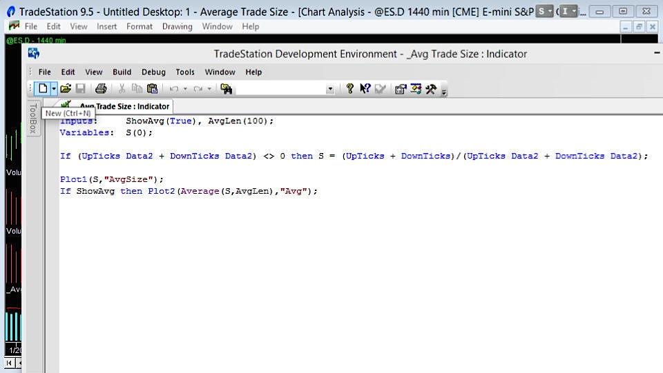 screen grab of the tradestation easylanguage code to calculate average trade size