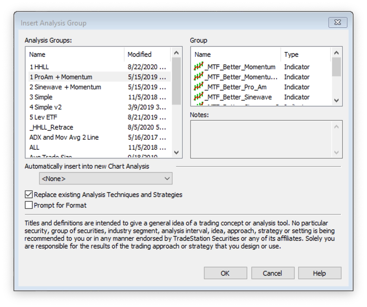 analysis group settings for tradestation charts