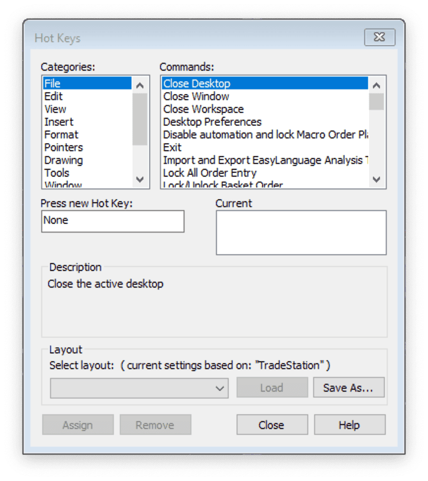 image of tradestation chart hot key settings