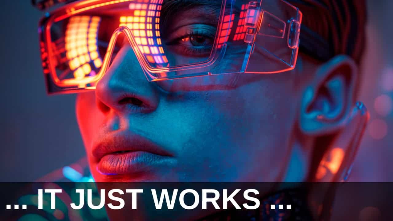 Trader wearing AI-powered glasses with "It Just Works" text — Claude Cowork for TradeStation EasyLanguage coding